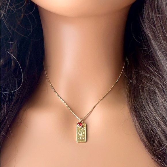 Ruby Red Cubic Zirconia Crystal Heart and Rose Pendents Necklace- New - Picture 8 of 8